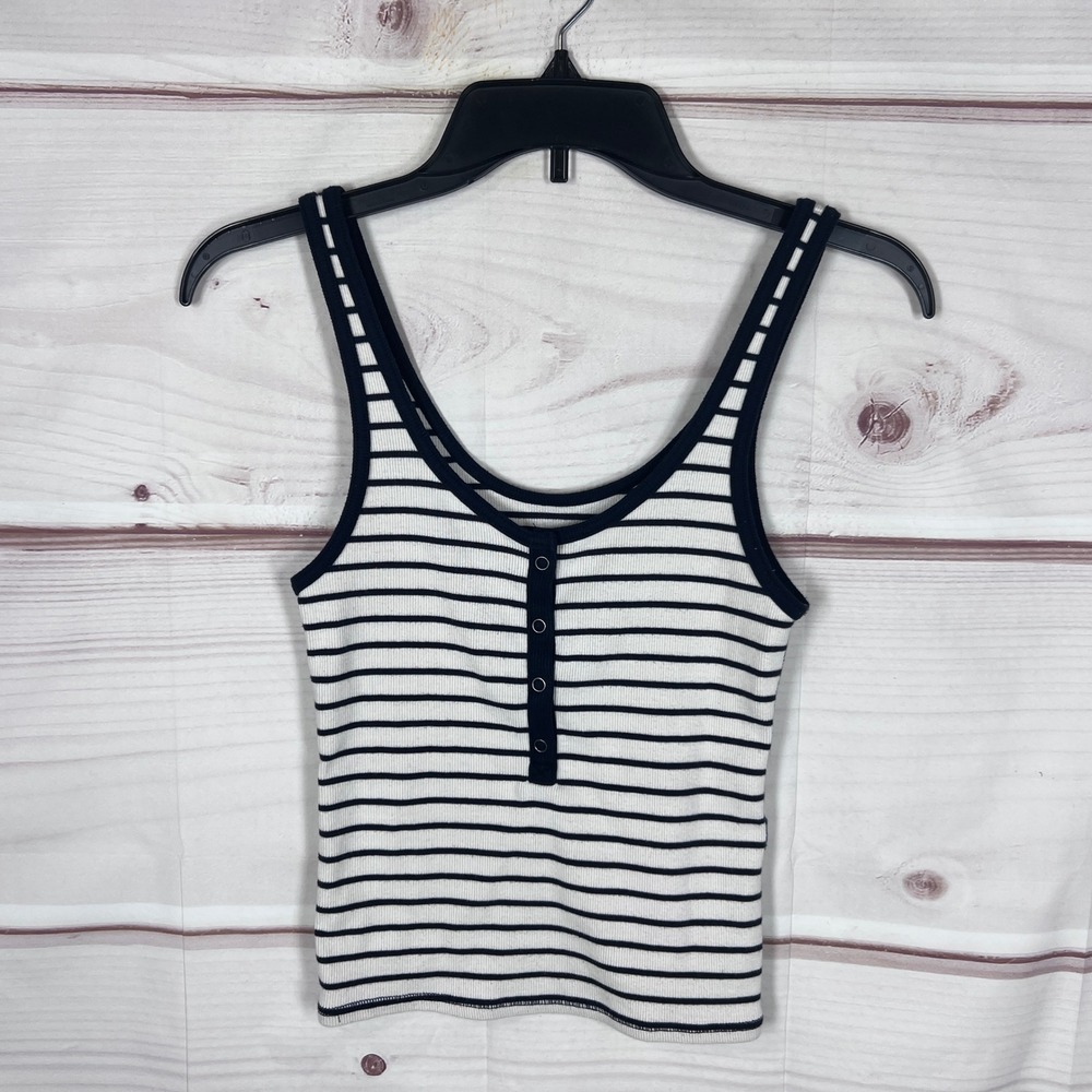 Abercrombie & Fitch Tank Top Women Small White Striped Ribbed Knit Henley Crop